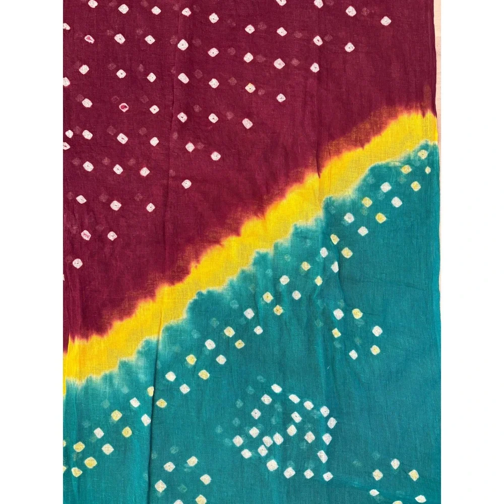 Handmade Bandhani Tie-Dye Cotton Scarf Dupatta Teal Maroon Yellow Indian Wrap